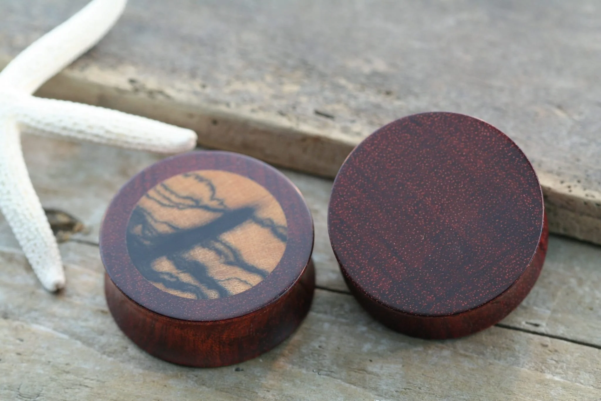1 1/4" Bloodwood with Tiger Ebony Inlays Plugs by Peoples Jewelry - Image 2