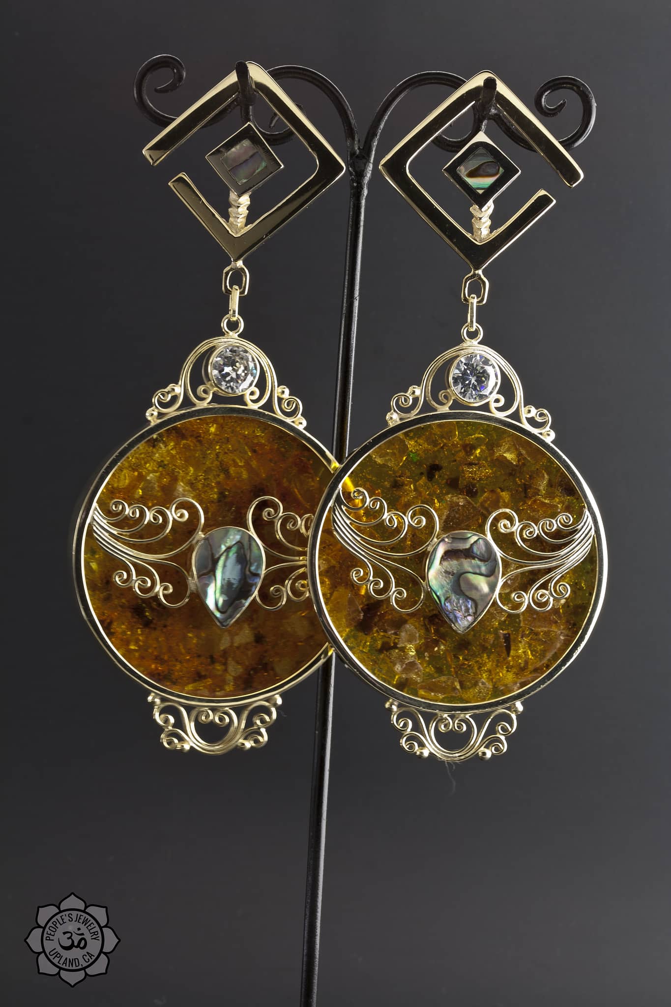 Amber Filigree Gold Plated Teardrop CZ Dangles - Image 2