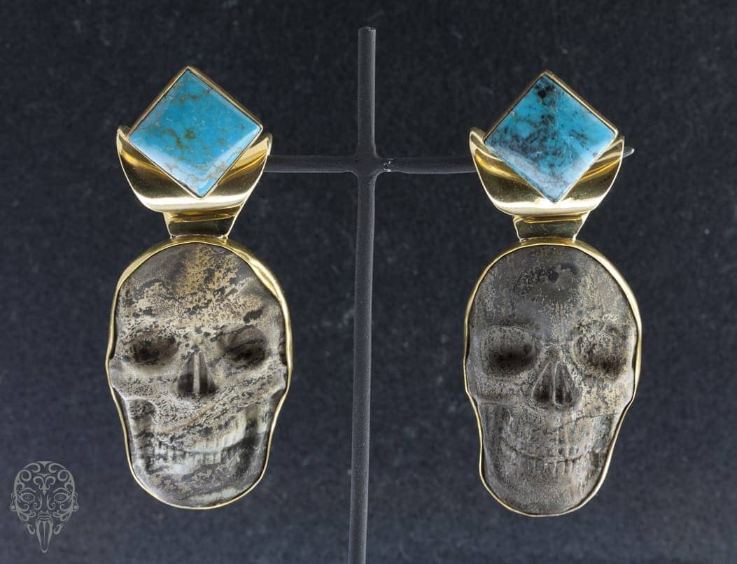 Dendritic Jasper Skull with Turquoise Diamond Dangle by Diablo Organics