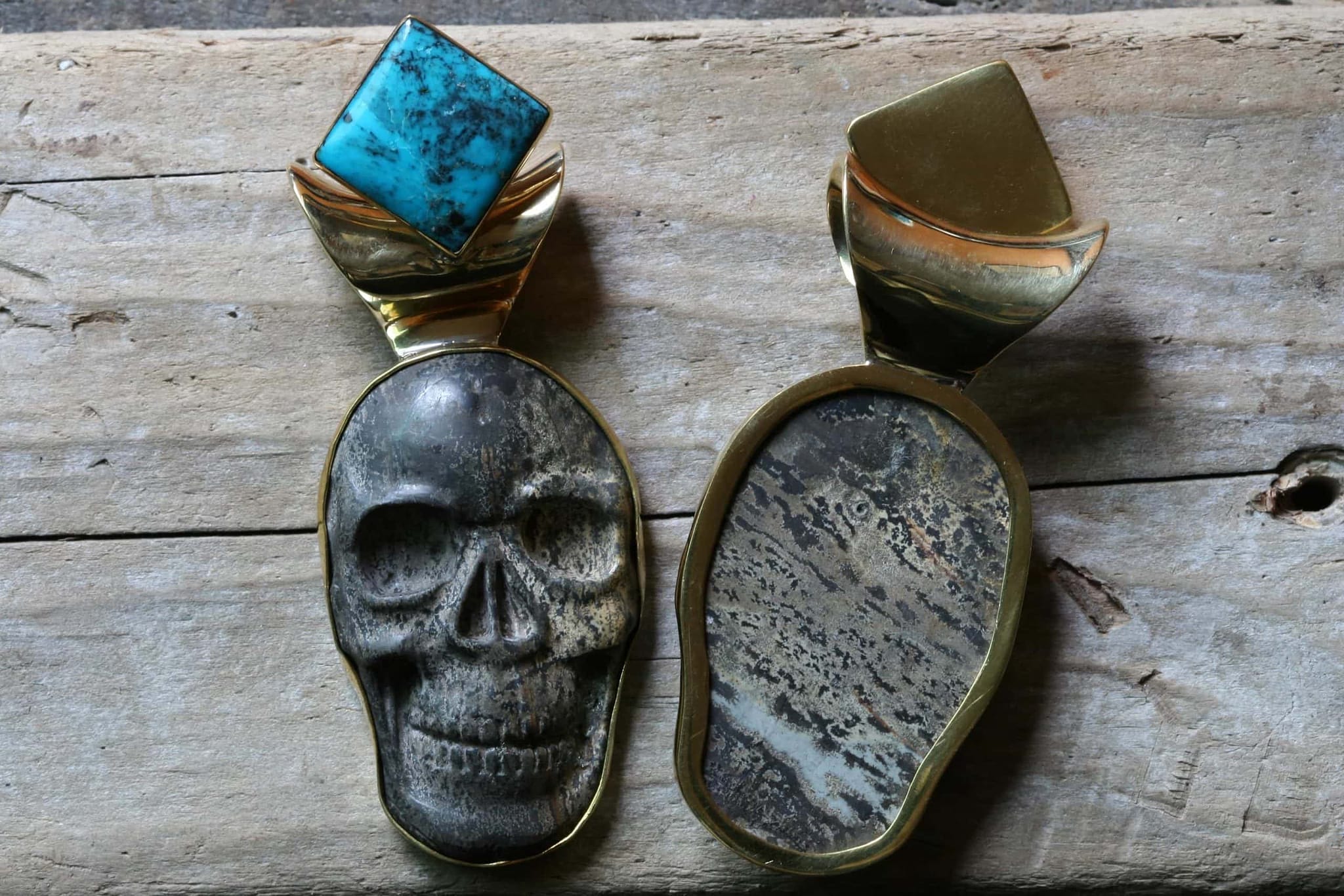 Dendritic Jasper Skull with Turquoise Diamond Dangle by Diablo Organics - Image 2