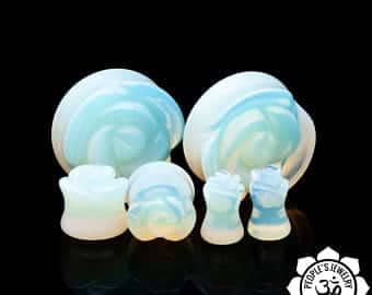 Double Flared Opalite Carved Rose Plugs by Peoples Jewelry